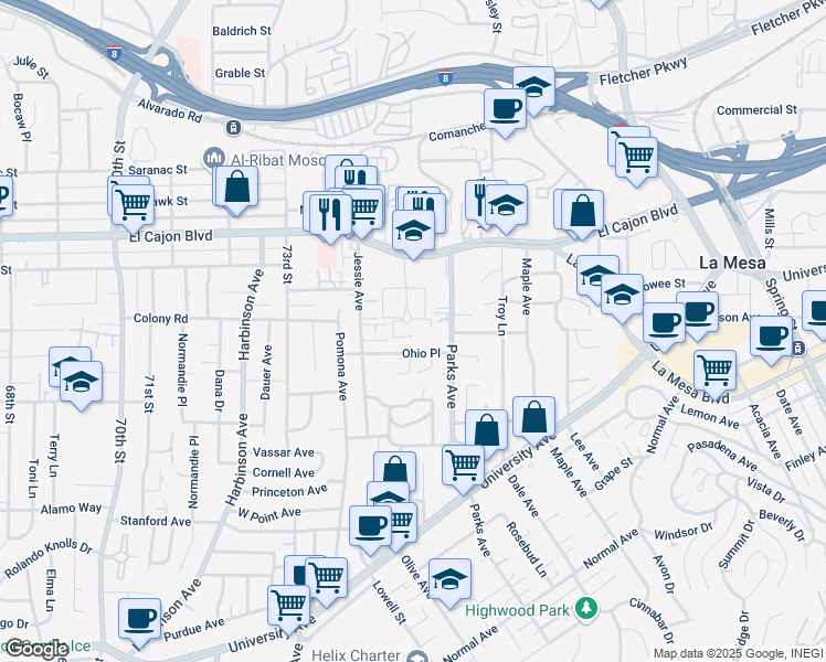 map of restaurants, bars, coffee shops, grocery stores, and more near 110 Williamsburg Lane in La Mesa