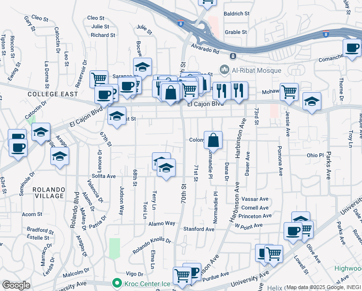 map of restaurants, bars, coffee shops, grocery stores, and more near 4789 70th Street in La Mesa