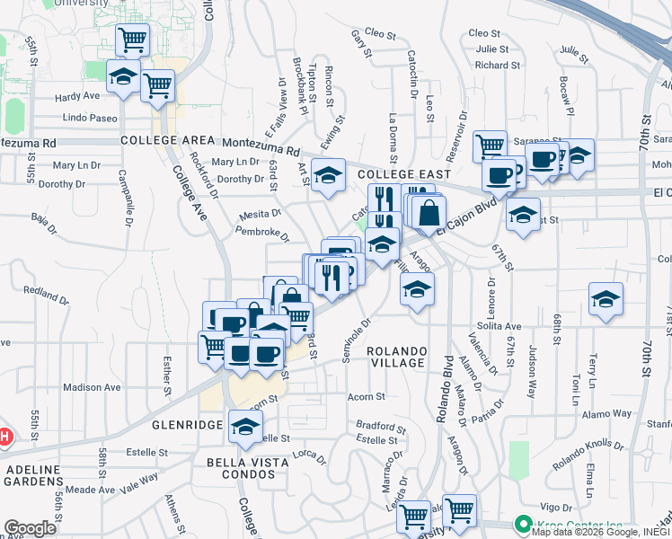 map of restaurants, bars, coffee shops, grocery stores, and more near 4847 Art Street in San Diego