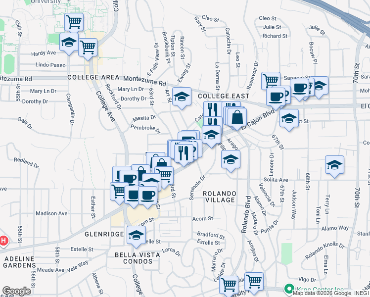 map of restaurants, bars, coffee shops, grocery stores, and more near 4847 Art Street in San Diego
