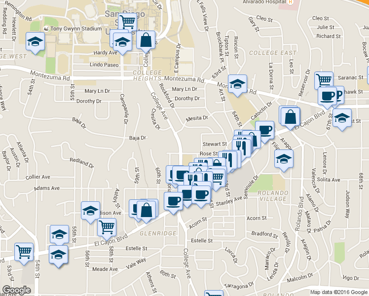 map of restaurants, bars, coffee shops, grocery stores, and more near 4855 College Avenue in San Diego