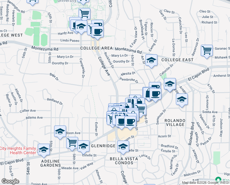 map of restaurants, bars, coffee shops, grocery stores, and more near 4840 College Avenue in San Diego