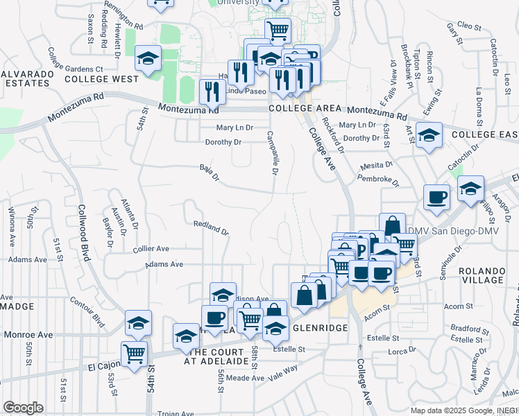 map of restaurants, bars, coffee shops, grocery stores, and more near 5775 Baja Drive in San Diego