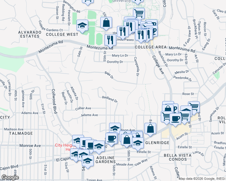 map of restaurants, bars, coffee shops, grocery stores, and more near 5628 Campanile Way in San Diego