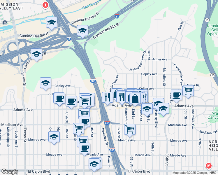 map of restaurants, bars, coffee shops, grocery stores, and more near 4828 West Mountain View Drive in San Diego