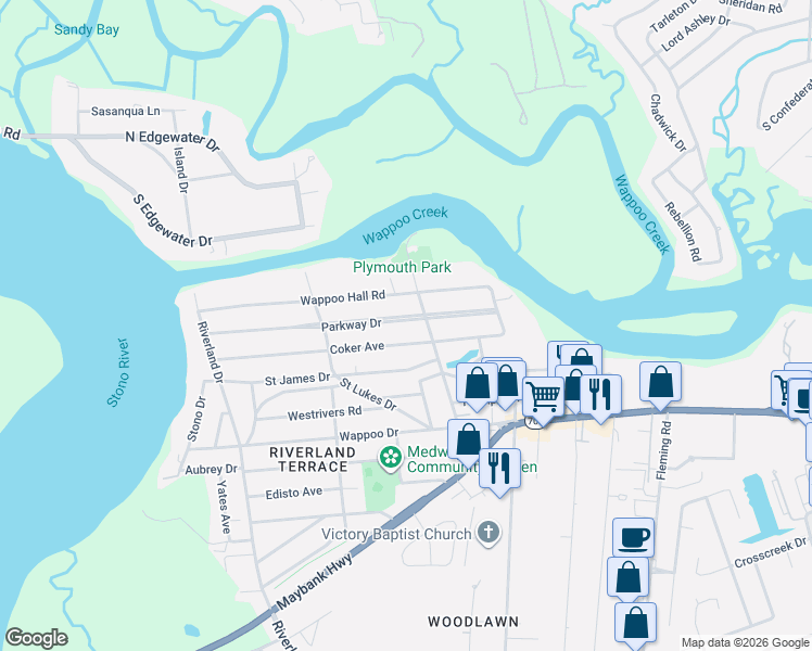 map of restaurants, bars, coffee shops, grocery stores, and more near 113 Plymouth Avenue in Charleston