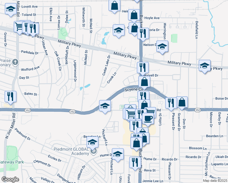 map of restaurants, bars, coffee shops, grocery stores, and more near 3422 Cronk Lane in Dallas