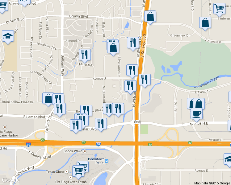 map of restaurants, bars, coffee shops, grocery stores, and more near 1104 Wynncrest Lane in Arlington