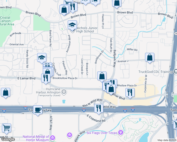map of restaurants, bars, coffee shops, grocery stores, and more near 1917 Bosque Lane in Arlington