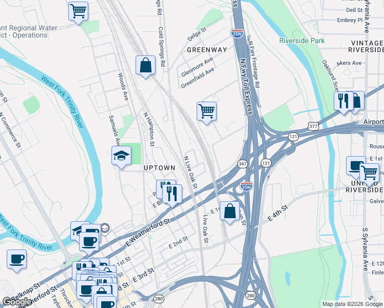 map of restaurants, bars, coffee shops, grocery stores, and more near 503 North Diamond Avenue in Fort Worth