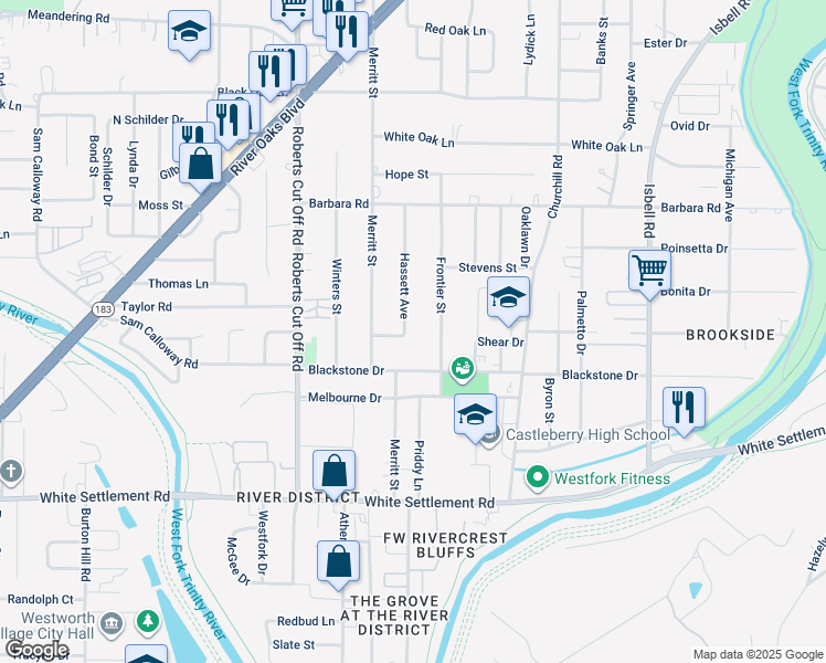 map of restaurants, bars, coffee shops, grocery stores, and more near 333 Frontier Street in River Oaks