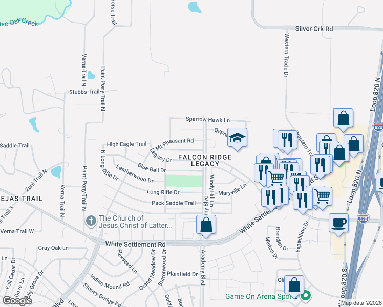 map of restaurants, bars, coffee shops, grocery stores, and more near 9932 Peregrine Trail in Fort Worth