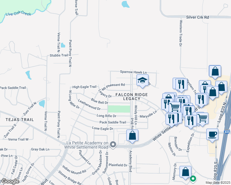 map of restaurants, bars, coffee shops, grocery stores, and more near 9932 Peregrine Trail in Fort Worth