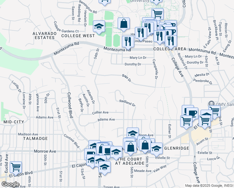 map of restaurants, bars, coffee shops, grocery stores, and more near 5416 Redland Drive in San Diego