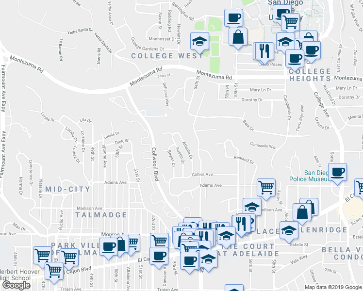map of restaurants, bars, coffee shops, grocery stores, and more near 4844 Atlanta Drive in San Diego