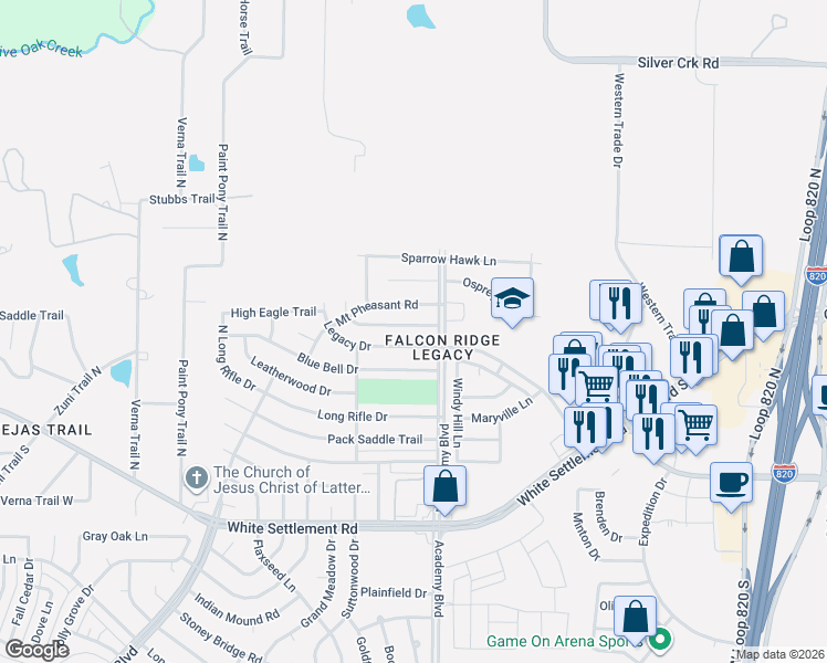 map of restaurants, bars, coffee shops, grocery stores, and more near 9932 Peregrine Trail in Fort Worth