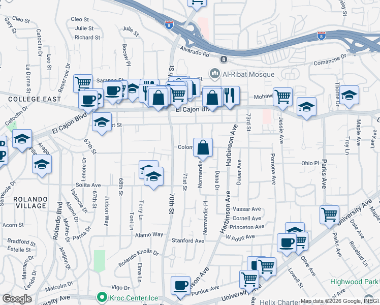 map of restaurants, bars, coffee shops, grocery stores, and more near 7146 Colony Road in La Mesa