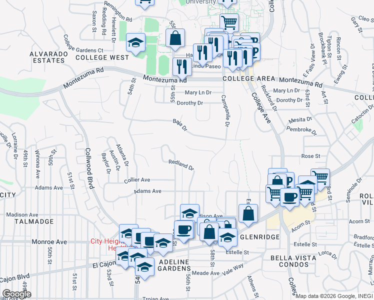map of restaurants, bars, coffee shops, grocery stores, and more near 5628 Campanile Way in San Diego