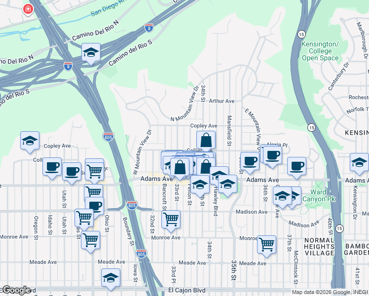 map of restaurants, bars, coffee shops, grocery stores, and more near 3330 Collier Avenue in San Diego
