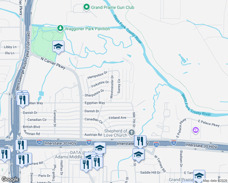 map of restaurants, bars, coffee shops, grocery stores, and more near 1801 Westminster Drive in Grand Prairie