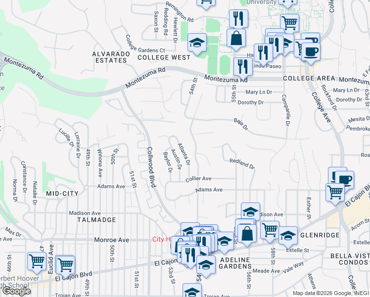 map of restaurants, bars, coffee shops, grocery stores, and more near 4833 Atlanta Drive in San Diego