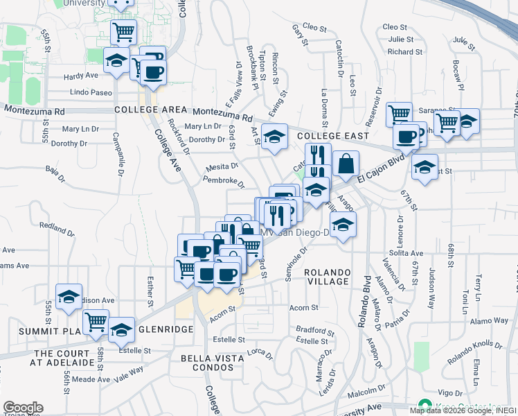 map of restaurants, bars, coffee shops, grocery stores, and more near 4808 63rd Street in San Diego