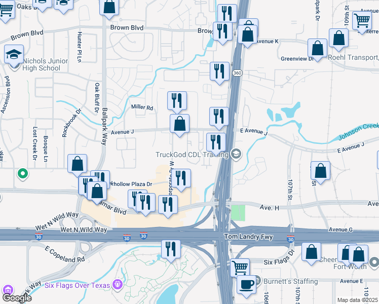 map of restaurants, bars, coffee shops, grocery stores, and more near 1104 Wynncrest Lane in Arlington
