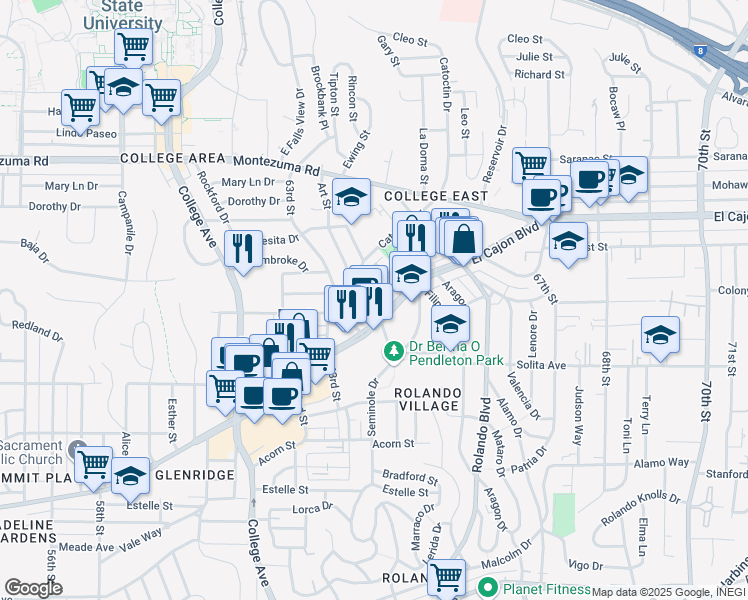 map of restaurants, bars, coffee shops, grocery stores, and more near 4847 Art Street in San Diego