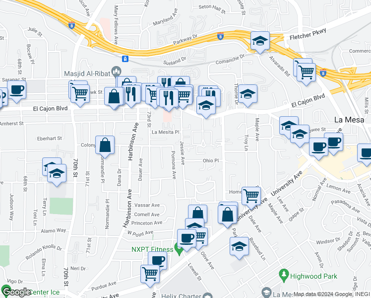 map of restaurants, bars, coffee shops, grocery stores, and more near 4749 Jessie Avenue in La Mesa