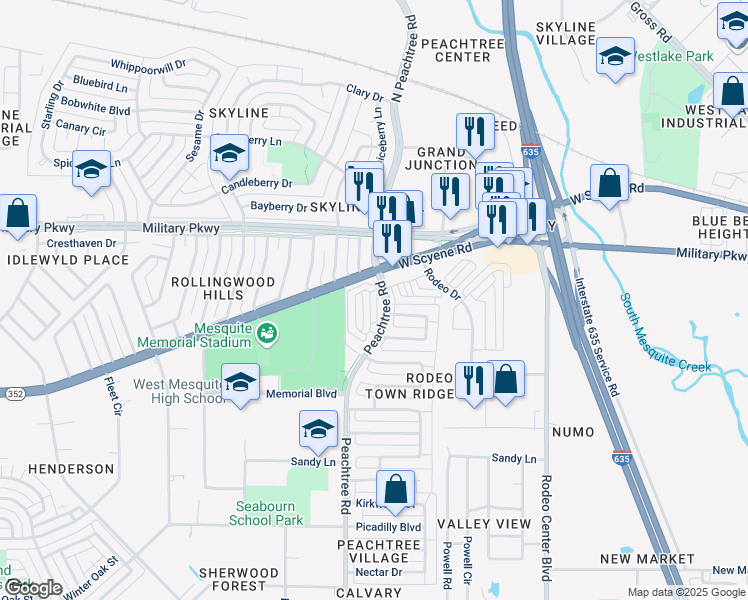 map of restaurants, bars, coffee shops, grocery stores, and more near 201-299 South Peachtree Road in Mesquite