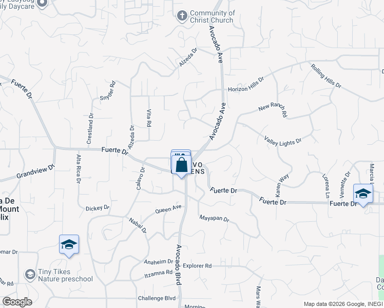 map of restaurants, bars, coffee shops, grocery stores, and more near 10956 Calavo Drive in La Mesa