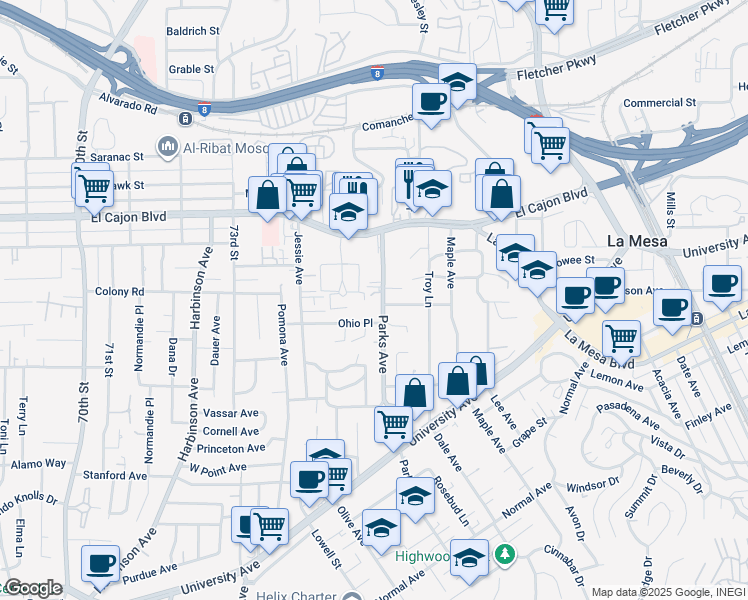map of restaurants, bars, coffee shops, grocery stores, and more near 4752 Parks Avenue in La Mesa