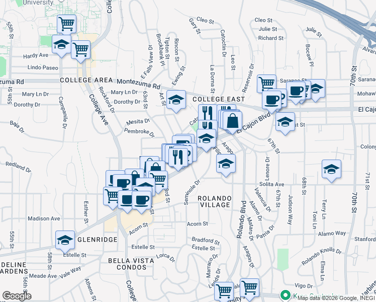 map of restaurants, bars, coffee shops, grocery stores, and more near 4847 Art Street in San Diego