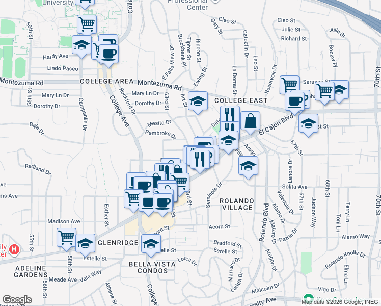 map of restaurants, bars, coffee shops, grocery stores, and more near 4808 63rd Street in San Diego