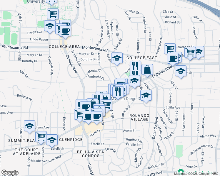 map of restaurants, bars, coffee shops, grocery stores, and more near 4808 63rd Street in San Diego