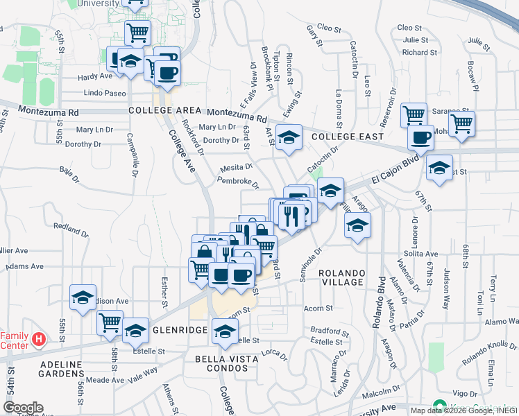 map of restaurants, bars, coffee shops, grocery stores, and more near 6234 Stewart Street in San Diego