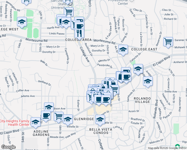 map of restaurants, bars, coffee shops, grocery stores, and more near 4840 College Avenue in San Diego