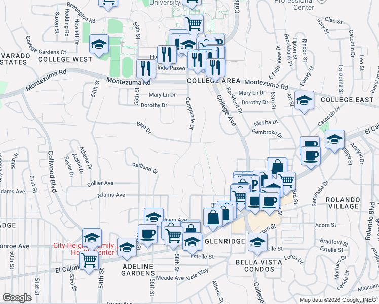 map of restaurants, bars, coffee shops, grocery stores, and more near 5775 Baja Drive in San Diego