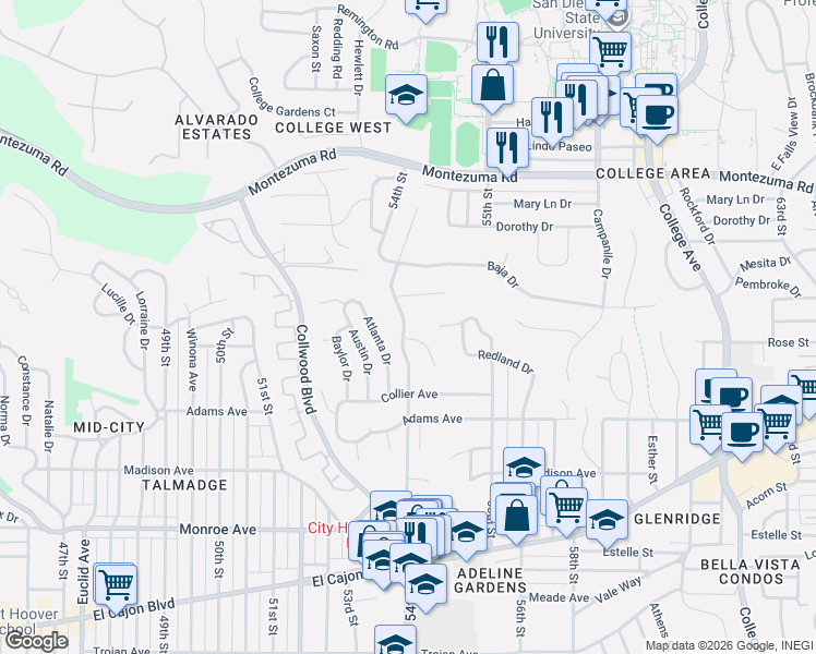 map of restaurants, bars, coffee shops, grocery stores, and more near 4841 54th Street in San Diego