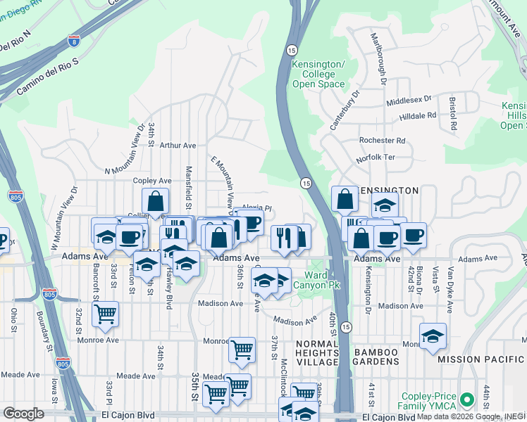map of restaurants, bars, coffee shops, grocery stores, and more near 3664 Alexia Place in San Diego