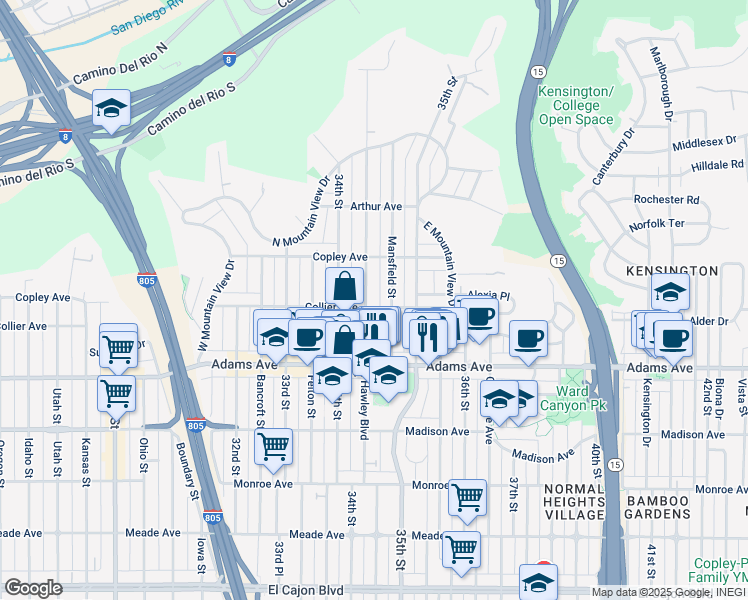 map of restaurants, bars, coffee shops, grocery stores, and more near 4832 Mansfield Street in San Diego