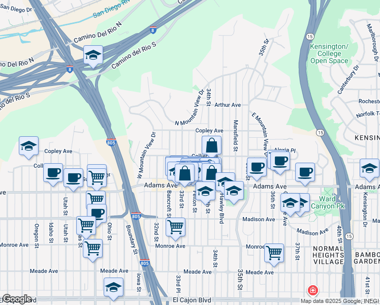map of restaurants, bars, coffee shops, grocery stores, and more near 4823 Felton Street in San Diego