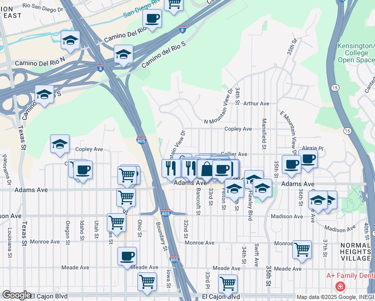 map of restaurants, bars, coffee shops, grocery stores, and more near 3222 Collier Avenue in San Diego