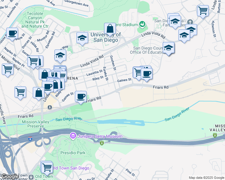 map of restaurants, bars, coffee shops, grocery stores, and more near 1058 Fresno Street in San Diego