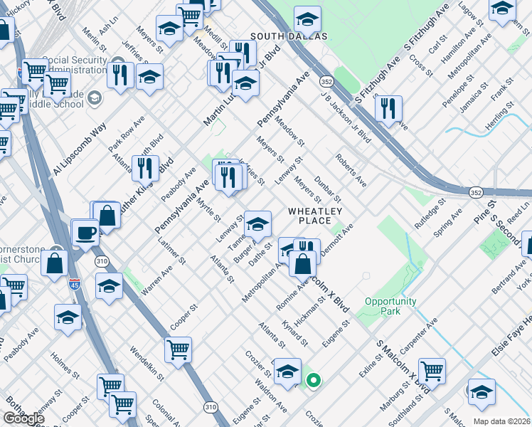 map of restaurants, bars, coffee shops, grocery stores, and more near 2818 Tanner Street in Dallas