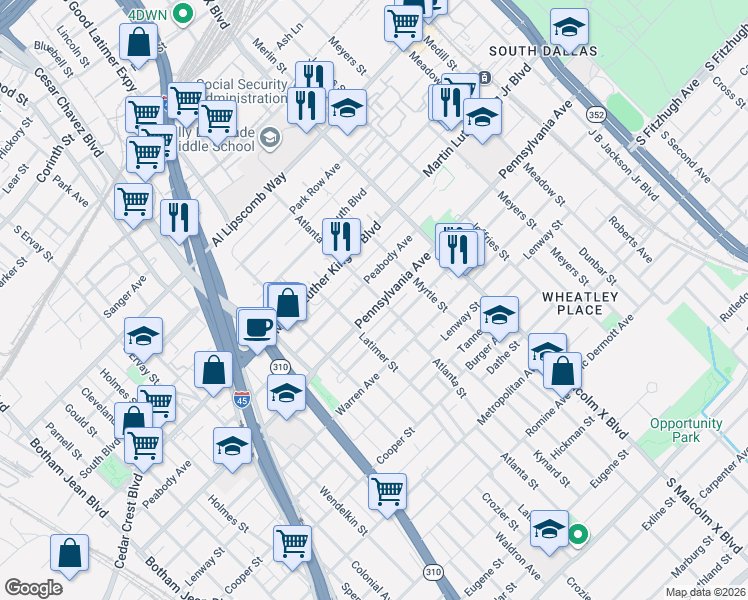 map of restaurants, bars, coffee shops, grocery stores, and more near 2534 Peabody Avenue in Dallas