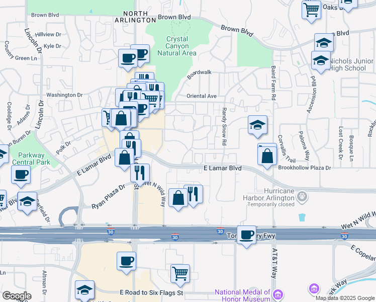map of restaurants, bars, coffee shops, grocery stores, and more near 2006 Cloisters Drive in Arlington