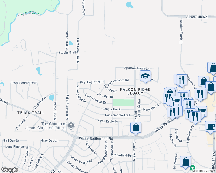 map of restaurants, bars, coffee shops, grocery stores, and more near 10101 High Eagle Trail in Fort Worth