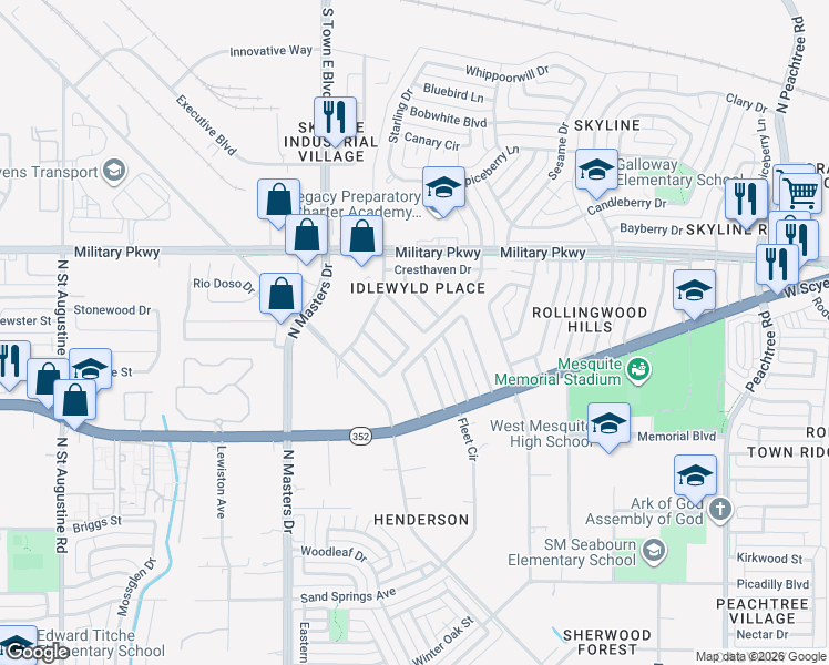 map of restaurants, bars, coffee shops, grocery stores, and more near 2805 Hillside Drive in Mesquite