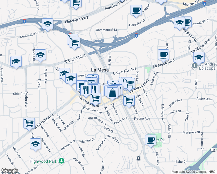 map of restaurants, bars, coffee shops, grocery stores, and more near 8181 Allison Avenue in La Mesa